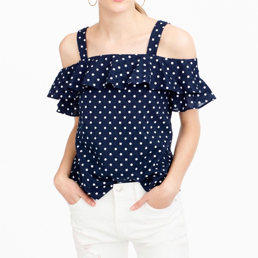 J Crew navy polka dot off shoulder top